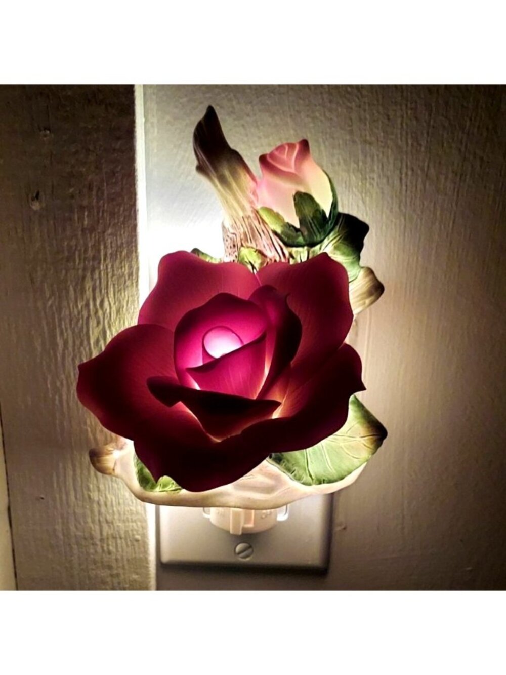 Capodimonte Style Porcelain Double Pink Rose on Branch Decorative Night Light